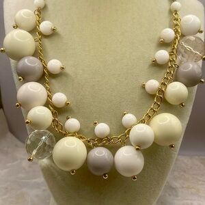 Gold Tone Cream, White, and Gray Beaded Chunky Cluster Necklace. 19 inches long